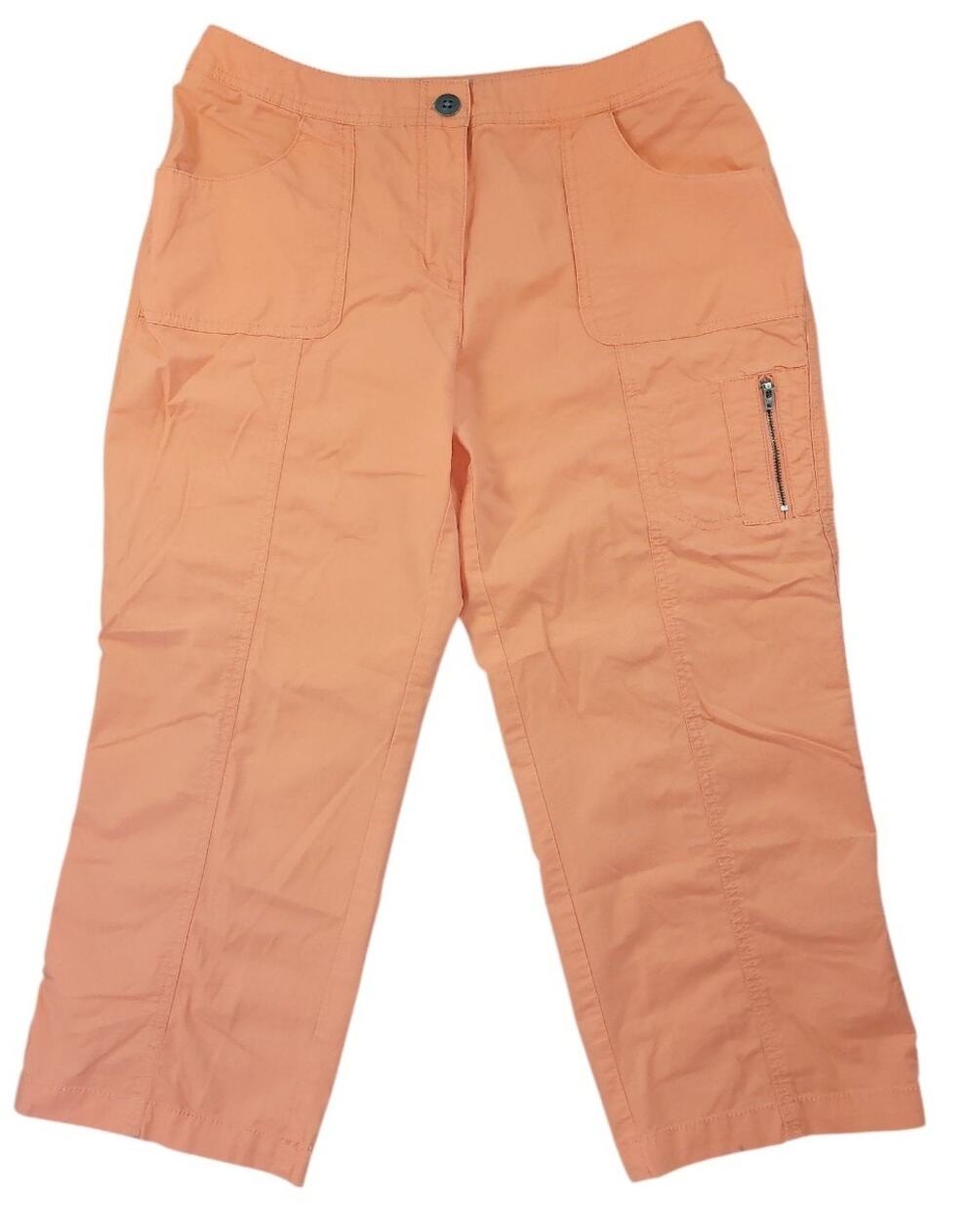 Chico's Cargo Crop Capri Pants Size 1 US 8 Coral Stretch Poplin Roll Hem Beachy